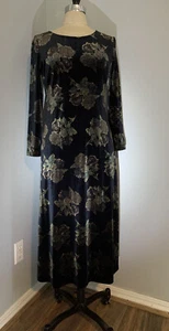 Vintage 90s Velvet Black Rose Midi Maxi Dress Winter Goth Boho Dark Romantic M - Picture 1 of 8