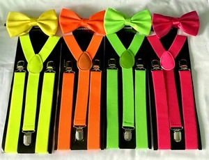 Bright Colour Braces Matching Pre-Tied Bow Tie Fancy Dress ,Disco 80'S Party - Picture 1 of 121
