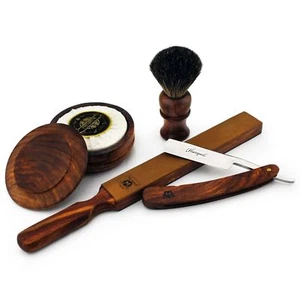 CLÁSICO JUEGO DE REGALO DE AFEITADO DE AFEITADO RECTO CORTE DE MADERA ANTIGUA CEPILLO TEJÓN JABÓN - Imagen 1 de 4