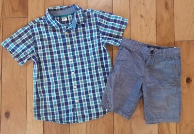 Boy Size 7-8 Outfit Gymboree Button-up Blue Plaid Shirt & Cherokee Denim Shorts - Image 1 of 4