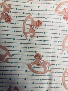 VTG Novelty Nursery Pink Rocking Horses Tossed on Blue Hearts Stripe BTFQ - Picture 1 of 6