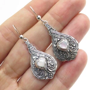 SILVER CLOUD 925 Sterling Silver Vintage Real MOP Heart Floral Oxidized Earrings - Picture 1 of 6