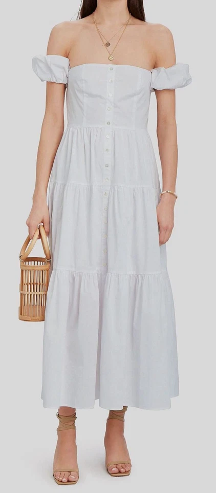 Staud Women's White Off-The-Shoulder Short Puff-Sleeves Midi Dress Size 00