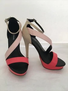 Women Stiletto Shoe 7 US 37 Strappy 2 in Platform 5.25” Heel Tan Pink Ankle Pump - Picture 1 of 9