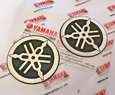2 x 50mm YAMAHA TUNING FORK BLACK/SILVER GEL DECAL STICKER BADGE LOGO *UK STOCK* - Image 1 of 2