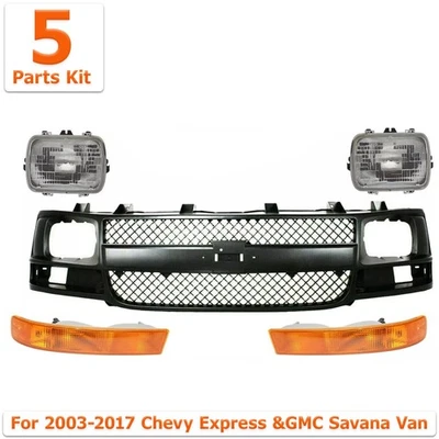 Front Grille Primed + Headlights Kit For 2003-2017 Chevy Express &GMC Savana Van Foto 1 de 3