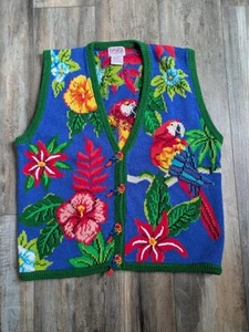 Vintage PBJ Sport Cardigan Sweater Vest Tropical Parrots Women's Size Medium VTG - Picture 1 of 5