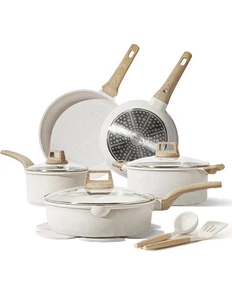 Carote 14 Pc Pots & Pans Nonstick Set, W/Utensils & Pan Protectors Cream White - Picture 1 of 15