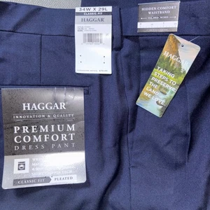 Haggar Mens Premium Comfort Dress Pants 34W x 29L Classic Fit Pleated Indigo - Picture 1 of 4