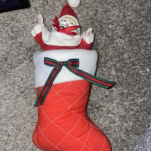 VTG Santa Claus Puffy Christmas Stocking Santa Is porcelain Music Box Plays - Picture 1 of 8