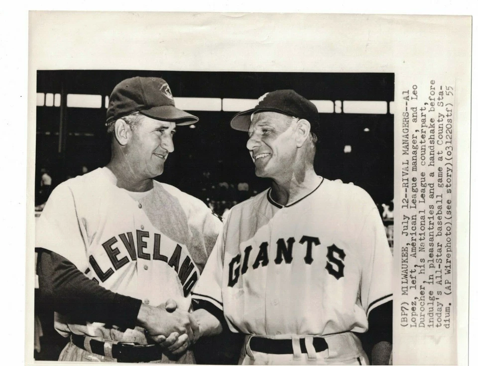 1955 Al Lopez Indians Leo Durocher Giants 8x10 AP Wire Photo  - Image 1 of 1