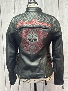Harley Davidson Women SCROLL Willie G Skull Leather Jacket Small 98104-16VW