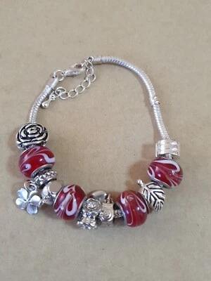 Damen Armband 17-23cm, mit  11 Elementen In BORDEAUX Rot und Silber - Bild 1 von 4