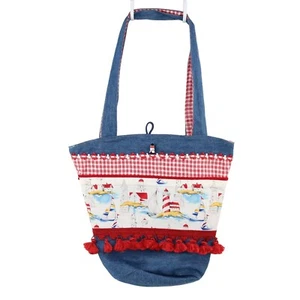 Handcrafted Handsewn Lighthouse Plaid Denim Embellished Lined Shoulder Purse Bag - Picture 1 of 16