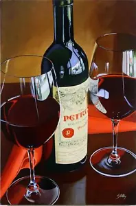 "Botella y vasos de vino Thomas Stiltz ""Petrus"" 18x12 lona Giclee mano s/# certificado de autenticidad - Imagen 1 de 1