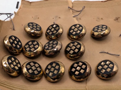 Vintage Black Carved Glass Buttons with Luster Gold Metallic ⅝" Round Self Shank - Image 1 of 4