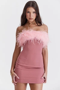 NWT HOUSE OF CB Alexa Feather Strapless Mini Dress in Warm Pink, XS - Picture 1 of 10