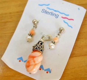 NEW STERLING SILVER 925 PINK GLASS CARVED BEAD PENDANT & PEARL DROP EARRING SET - Picture 1 of 5