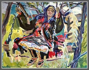 Old Big USSR OIL Hand PAINTING /Woman in Folk Ukrainian Costume on Swings/39"=1m - Picture 1 of 4