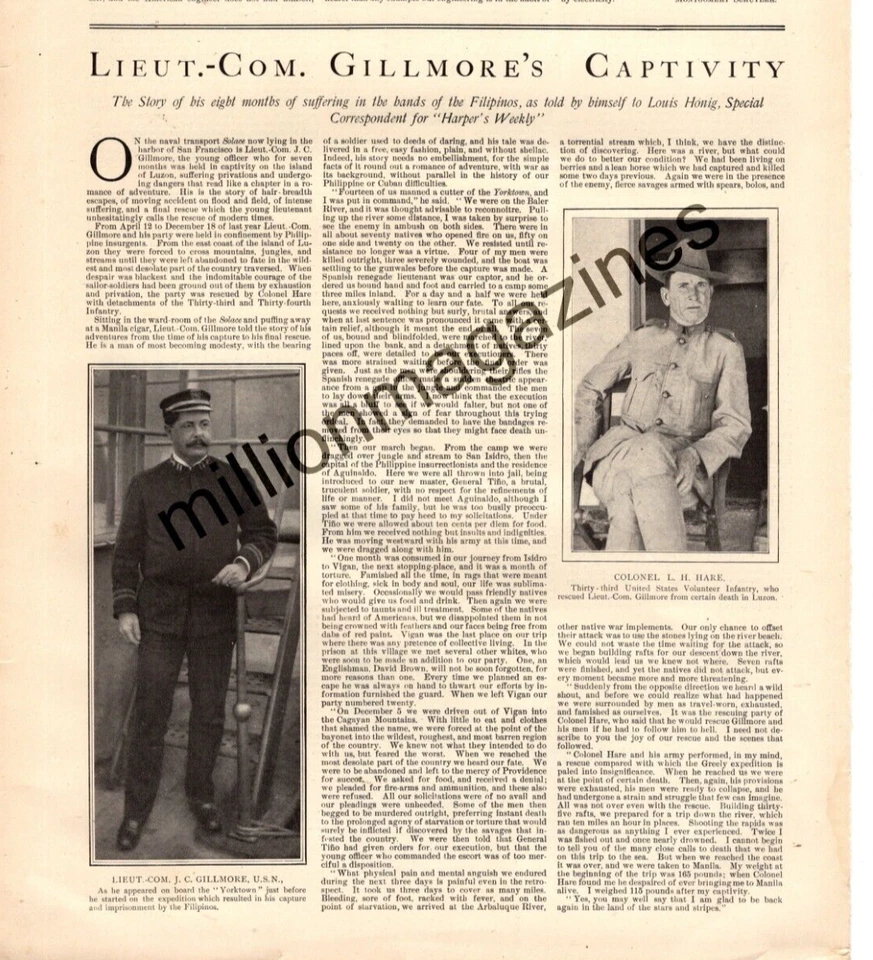1900 Harper's Weekly original print only - Com. Gillmore Captured in Philippines - Image 1 of 1
