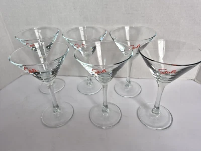 6 STOLI MARTINI Drinking GLASS Clear Red Letters 6"  Stemware Party Set MINT Lot - Image 1 of 4