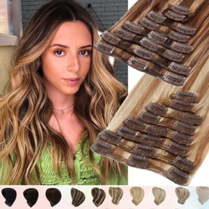 Clip In Hair Extensions 100% Real Human Hair Extensions Weft Balayage Ombre 8pcs - Picture 1 of 36