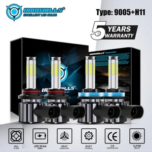 6-Sides 9005 H11 Combo COB LED Headlight Bulbs Kit 6500K White High Low Beam 4x - Picture 1 of 12