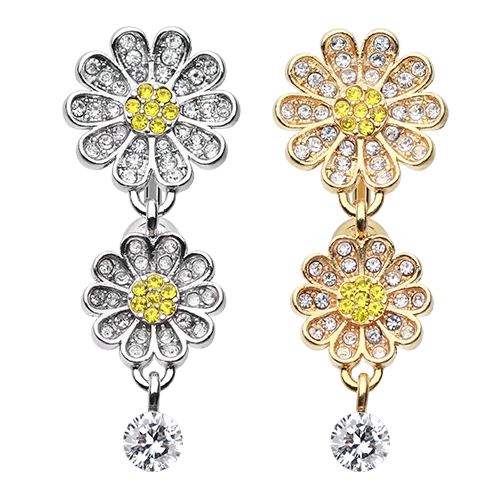 Daisy Glam Multi-Gem Reverse Belly Ring Dangle Navel Flower CZ Silver Gold Leaf - Image 1 of 1