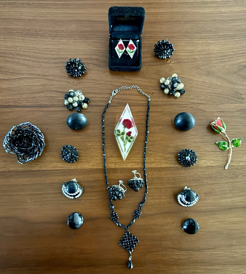 Beautiful Lot of Black Costume Jewelry with Rose Pin and Earring set - Image 1 of 1