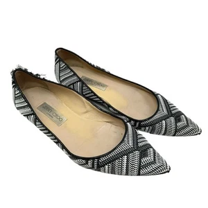 Jimmy Choo EU 40 Alina Black & White Woven Geometric Pointed Toe Ballet Flats - Picture 1 of 9