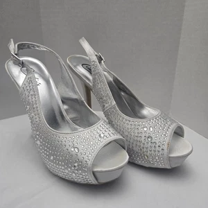 Candies Silver Rhinestone Slingback Peep Toe Stilettos 9M Wedding Prom New Years - Picture 1 of 11