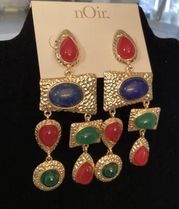 Large Long Statement Earring New Noir Dangle Drop Moghul Earrings Faux Gems 4” L - Picture 1 of 6