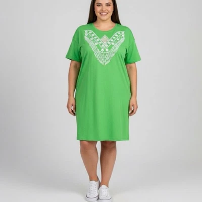 Robert Dean Vintage Green T-Shirt Dress with White Gold 3D Fabric Art 2X New - Image 1 of 4