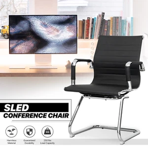 Black Leather Sled Base Conference Chair w/Armrest Waiting Room Reception Seat - Picture 1 of 9