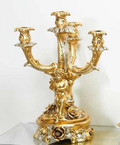 CANDELABRO REGALE 4 FIAMME CON BASE PUTTI E FIORI IN CERAMICA FOGLIA ORO ARGENTO - Imagen 1 de 1