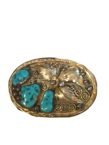 Native American E. King Sterling Turquoise Nugget 12k GOLD Filled Belt Buckle - Picture 1 of 4