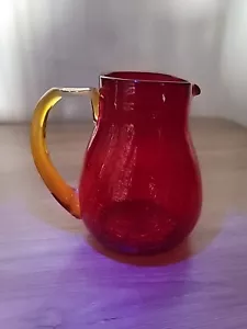 Vintage Hand Blown Red Crackle Glass Pitcher With Amberina Handle - Picture 1 of 8