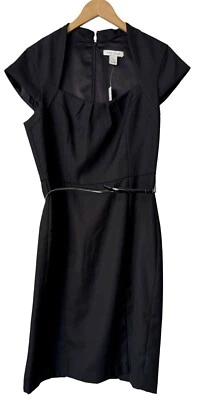 White House Black Market 女式黑色连衣裙 12 码带帽袖腰带腰围 — 第 1/4 张图片