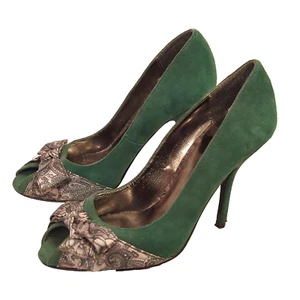 Bakers TANA Stiletto Peep Toe Scarf Bow Suede Leather Pumps Green Size 7.5B - Picture 1 of 10