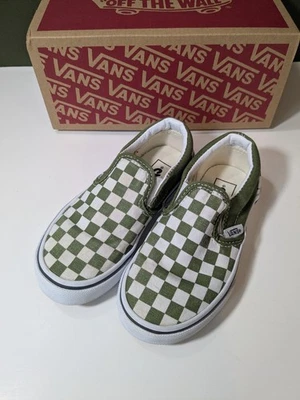 Vans Zapatos Jóvenes 11 Niños Fuera de la Pared Clásico Mocasín Sin Cordones Verde Oliva Cuadros Foto 1 de 4