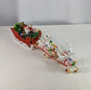 Vintage Blasform Kunststoff Tischplatte winkender Weihnachtsmann vier Rentiere beflockter Schlitten 18 Zoll - Bild 1 von 24