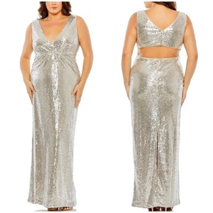Mac Duggal NWT Silver Nude Cutout Back Sequin Gown Dress Size 20W Sleeveless - Picture 1 of 9