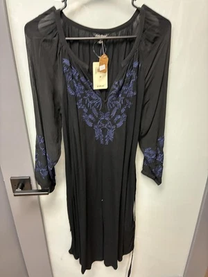 Nuevo con etiquetas Vestido Lucky Brand Negro Manga Larga con Bordado Azul - Talla M Foto 1 de 4