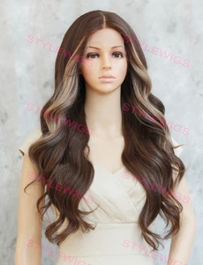 Medium Brown/Blonde Long Body Waves Heat OK Lace Front Human Hair Blend Wig EVGE - Picture 1 of 10