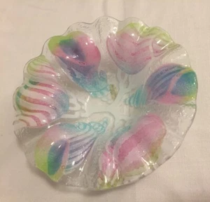Sydenstricker Fused Art Glass 6 1/2" Ruffled Bowl Candy Dish Pastel Seashells - Picture 1 of 6