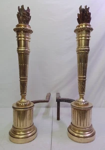 Pair of Gorgeous Brass Torch Fire Flame Top Andirons Greek Style 24" Tall Heavy - Picture 1 of 12