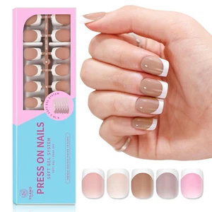 French Gel Nail Tips - French Tip Press on Nails Pink Extra Short Square - Picture 1 of 12