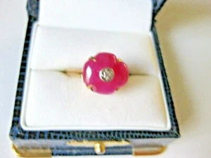 ANTIQUE 10K YELLOW GOLD RING with HAND-CARVED RUBY & DIAMOND,ART DECO - Picture 1 of 5