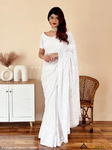 White Aahana Viscose Chikankari Saree Handmade Lucknow Chikankari Saree - Picture 1 of 4