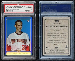2010 Chrome Topps 206 Blue Refractor Stephen Strasburg PSA 10 GEM MT Rookie RC